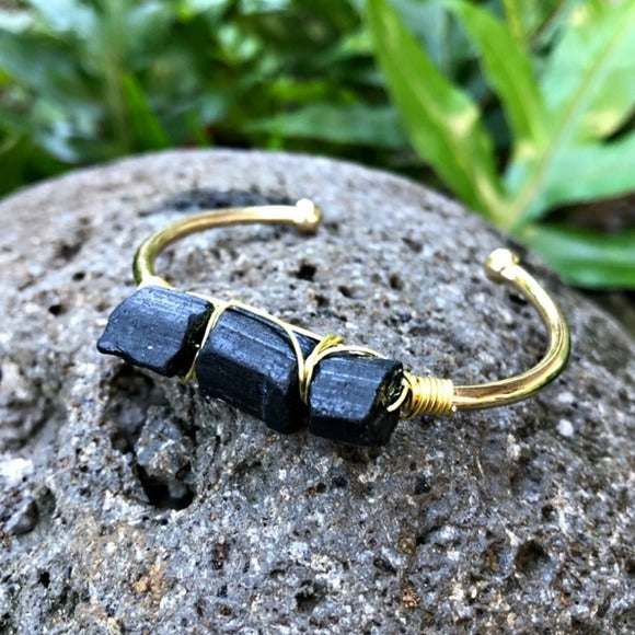 Black Tourmaline Cuff Bracelet | Purification Protection Gemstone - A Gothic Universe - Bracelets