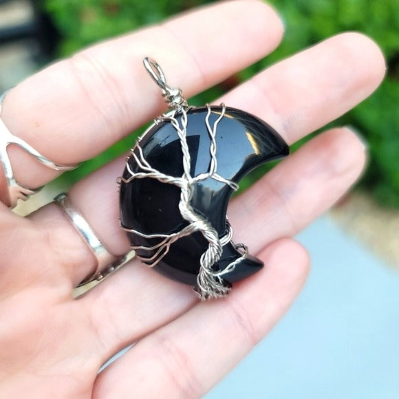 Black Obsidian Necklace | Polished Moon Shape Wire Wrapped Tree Of Life Handmade - A Gothic Universe - Necklaces