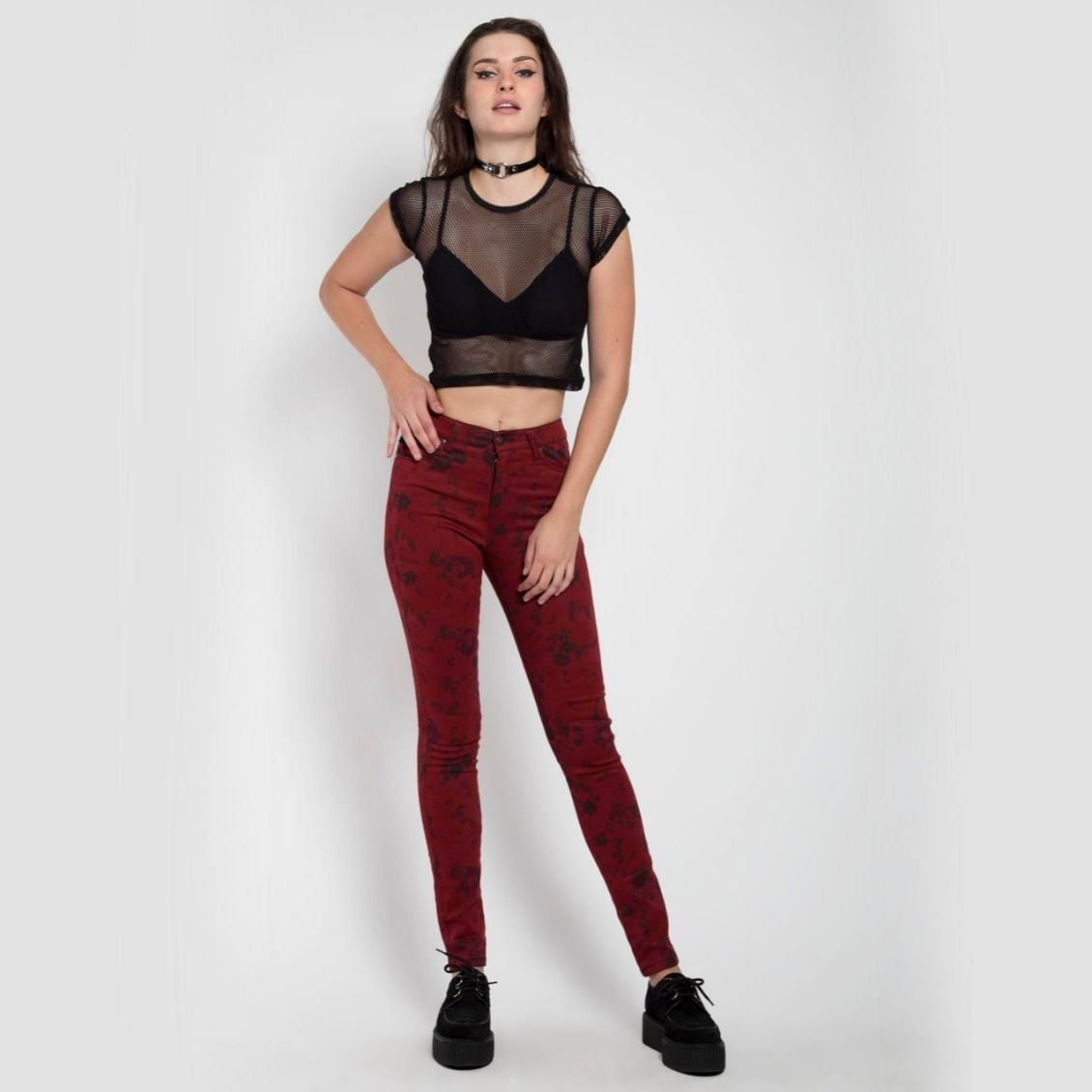 Wine Red High Waisted Skinny Jeans With Floral Print