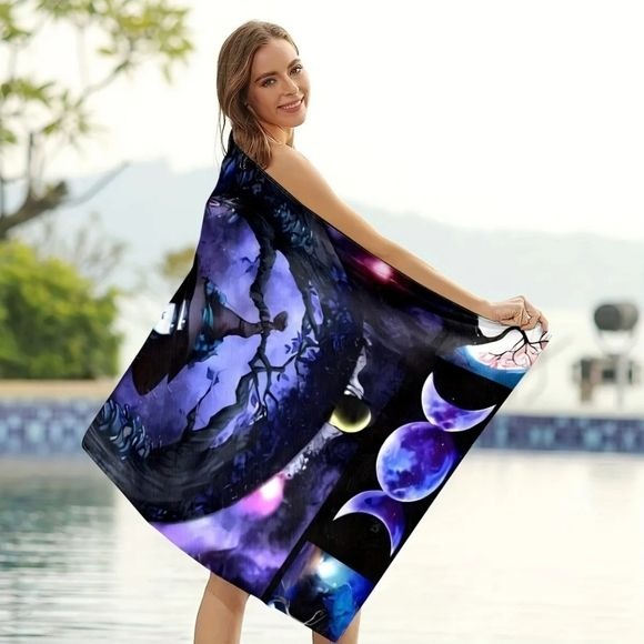 Witch Triple Moon Beach Towel | Purple Premium Micro Fiber - A Gothic Universe - Beach Towels