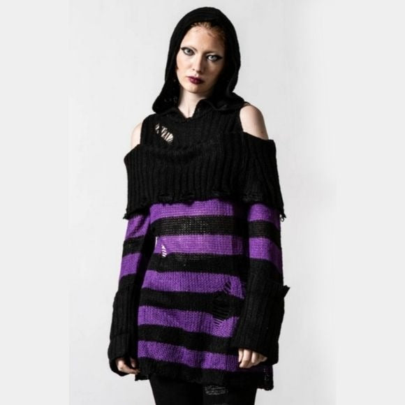 Salvia Hooded Knit Sweater | Black & Plum Stripes Distressed Extra Long - Killstar - Sweaters