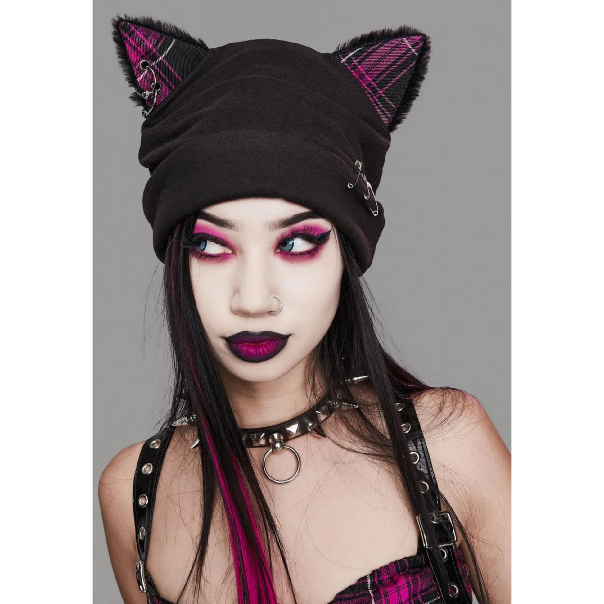 Pierced Kitty Beanie | Black Slouchy Knit Plaid Cat Ears Faux Fur Trim - Widow - Beanies