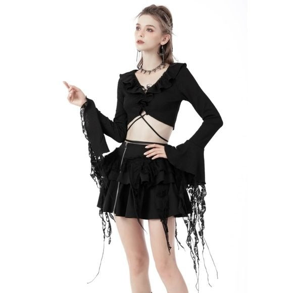 Gothic Witch Ripped Sleeves Ruffle Neck Crop Top | Black - Dark In Love - Tops