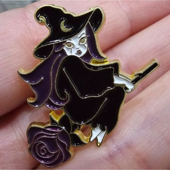 Metal Enamel Lapel Pin | Witch Flying Purple Rose Besome - A Gothic Universe - Lapel Pin