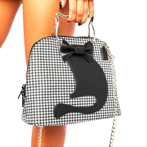 Dixie Handbag | Black White Houndstooth Pattern Metal Cat Straps - Lost Queen - Crossbody Bag