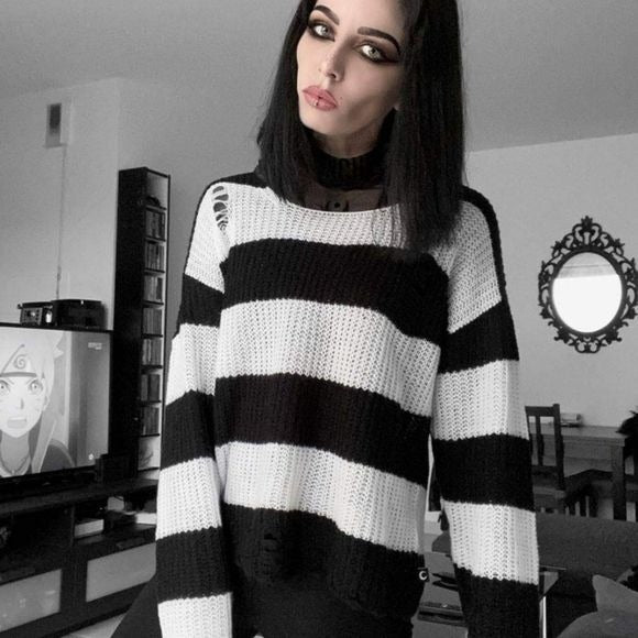 Casey Knit Sweater | Black / White Stripes Unisex Distressed - Killstar - Sweaters