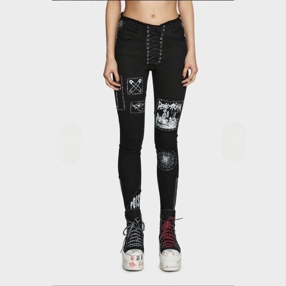 Stitch Bitch Lace-up Patch Jeans | Black Zip Ankles Goth/Punk Style - Current Mood - 