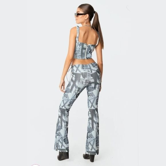 Casper Laced Flare Pants | Lace-up Sides Cool Blue Hues Retro Vibes - Edikted - Pants