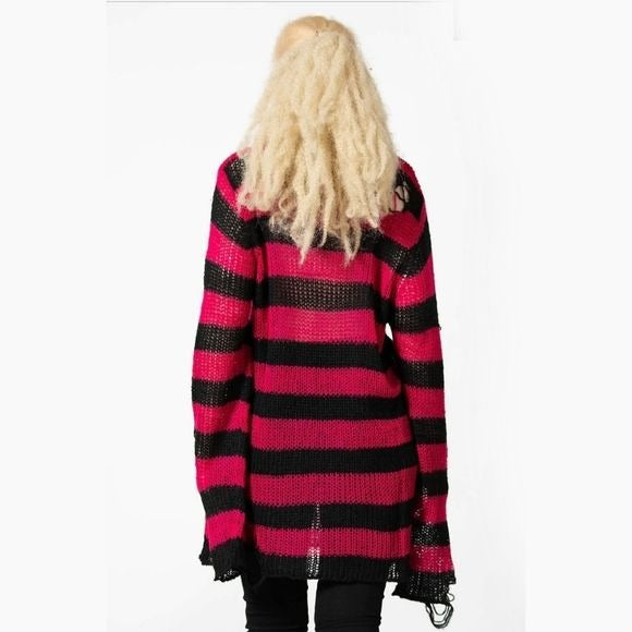 Mika Knit Sweater | Black / Rasberry Stripes Unisex Distressed Long - Killstar - Sweaters