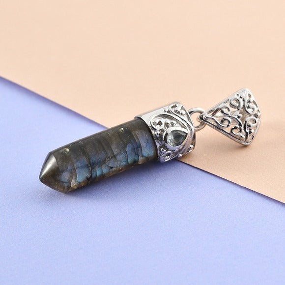 Malagasy Labradorite & Sky Blue Topaz Pendant | Forged in Platinum 15.9ctw - A Gothic Universe - Necklaces