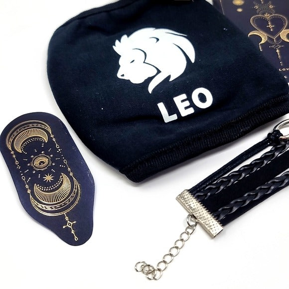 Leo Zodiac | Black Leather Charm Bracelet Face Mask Hair Tie Foil Sticker - A Gothic Universe - Bracelets