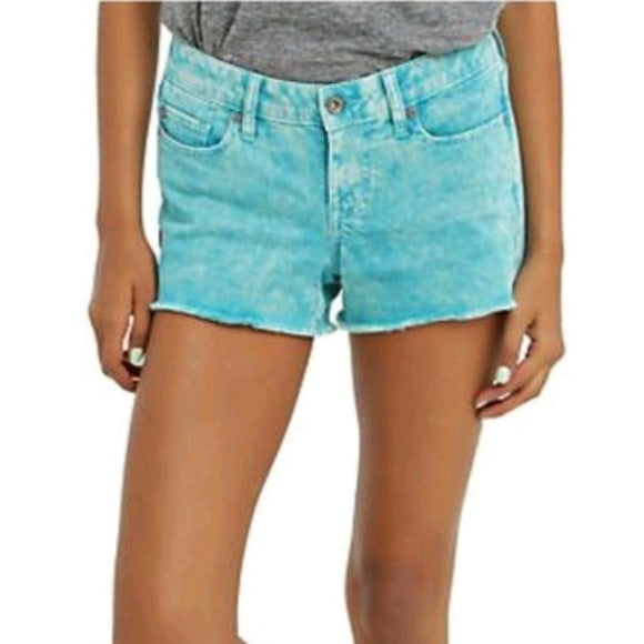 Turquoise Acid Wash Jean Shorts | Skull Rivets Low Rise Raw Hem - Lovesick - Shorts