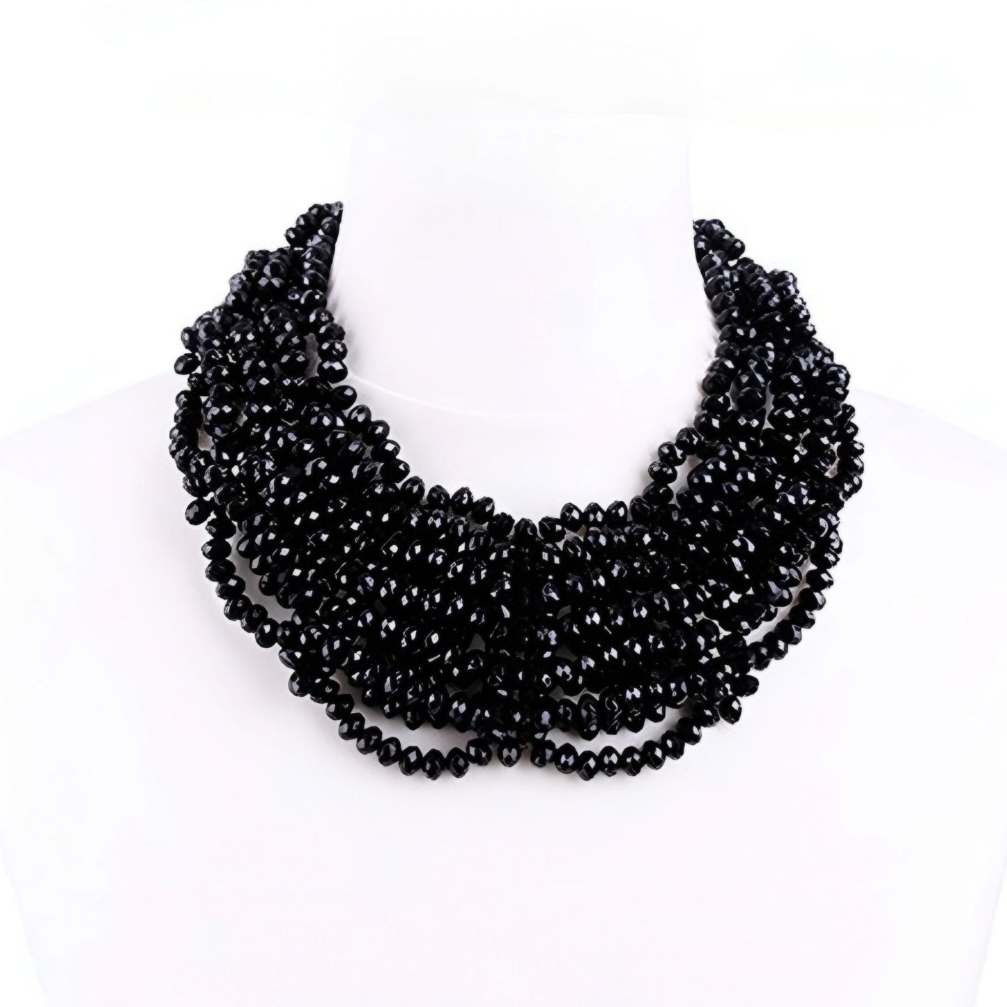 Multi-Strand Faceted Black Bead Necklace With Toggle Clasp