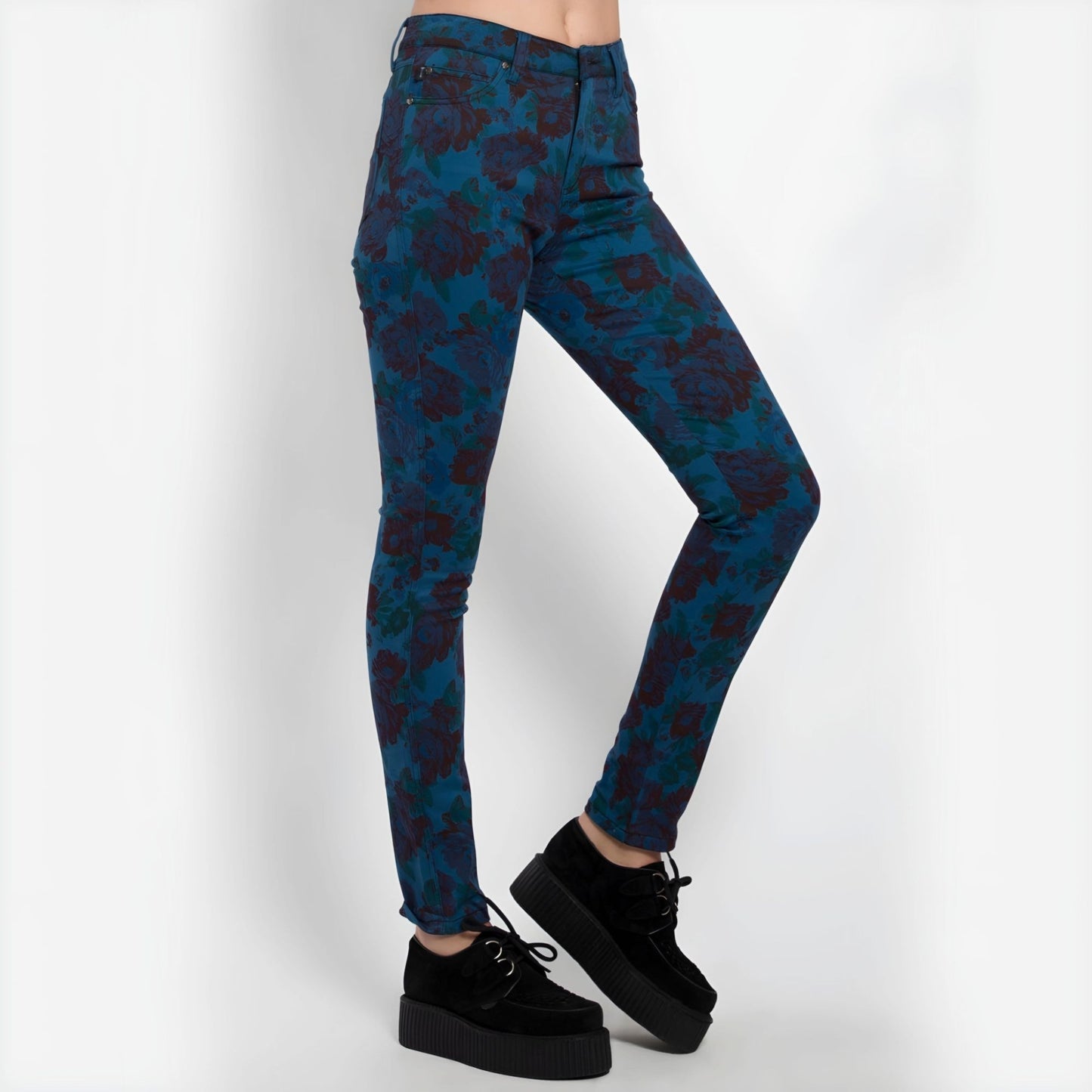 High Waisted Skinny Jeans Stretch Twill Teal Floral Print - Tripp NYC - Jeans