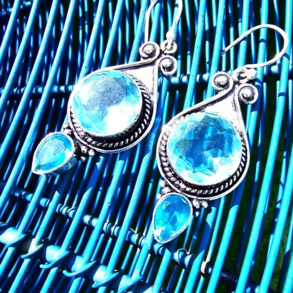 Swiss Blue Topaz Earrings | Antique Detailing Sterling Silver 2.2" Drop Earrings - A Gothic Universe - Earrings