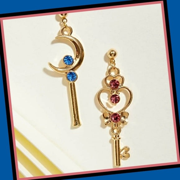 Sailor Moon Crystal Drop Earrings | Pink Blue Gold - Key & Moon Shape - A Gothic Universe - Earrings