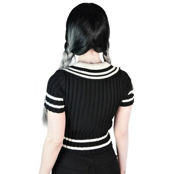 Gloomsday Knit Crop Top | Black Striped V-neckline Collar - Killstar - Sweaters