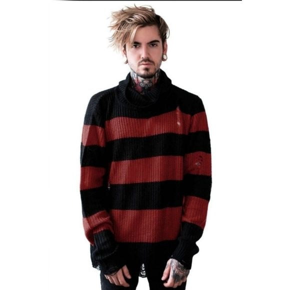 Seven Knit Sweater | Blood Red Distressed Raw Hem Extra Long Striped - Killstar - Sweaters