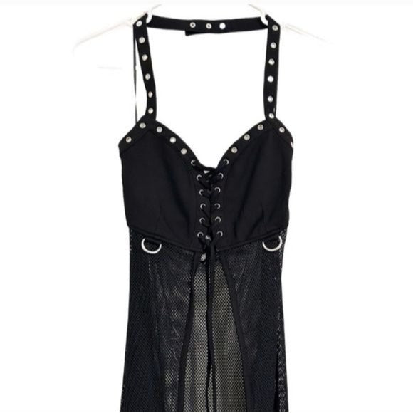 Darklist Duster | Black Studded Halterneck Lace-up Front D Links - Killstar - Duster