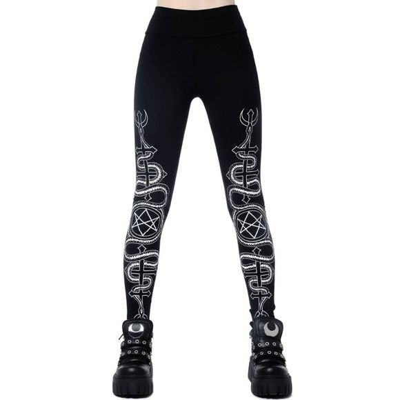 Haxa Leggings | Black Wide Waistband Contrasting Graphic Soft Cotton - Killstar - Leggings