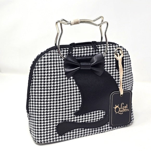 Dixie Handbag | Black White Houndstooth Pattern Metal Cat Straps - Lost Queen - Crossbody Bag