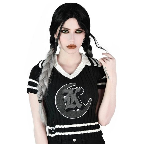 Gloomsday Knit Crop Top | Black Striped V-neckline Collar - Killstar - Sweaters