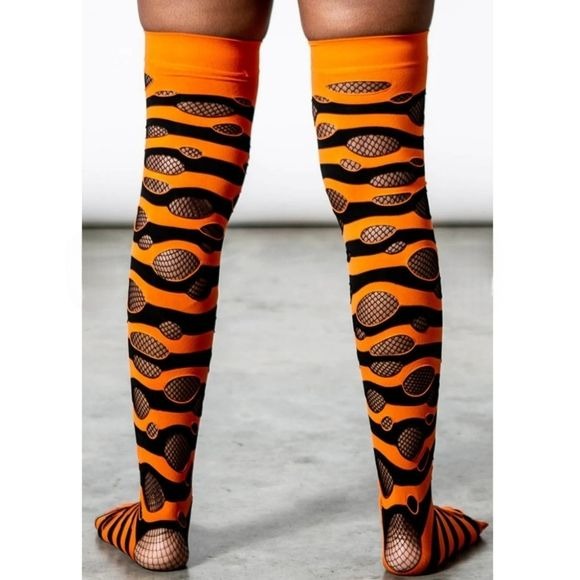 Wretched Soul Distressed Long Thigh High Socks | Black & Orange - Killstar - Thigh Highs