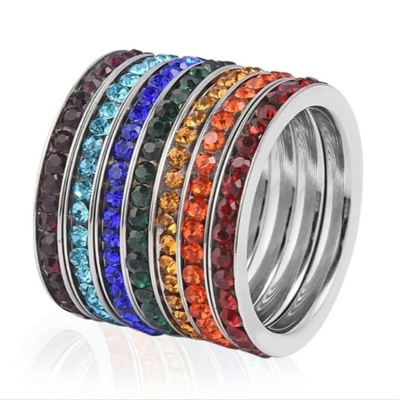 7 Austrian Crystal Stackable Rings | Stainless Steel Chakra Crystals Band Rings - A Gothic Universe - Rings