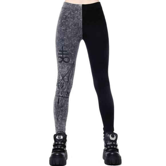 Two Faced Witch Leggings | Black with Contrasting Grey Stretchy Cotton - Killstar - Leggings