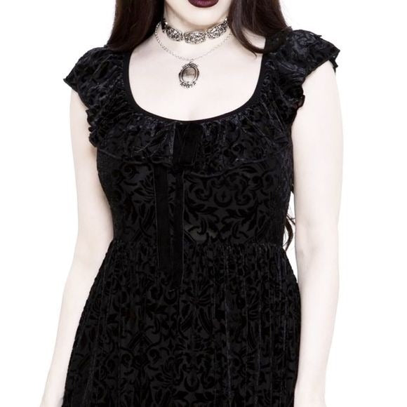 Damask Pattern Dress | Velvet Susanna Mini Black Ruffle Collar Dress - Killstar - Dresses