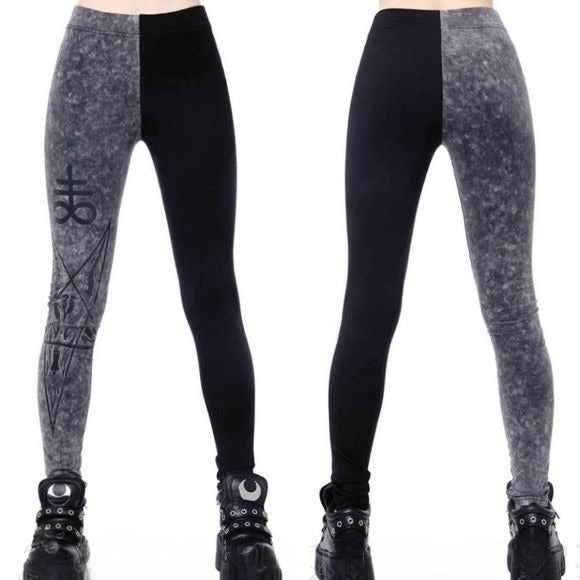 Two Faced Witch Leggings | Black with Contrasting Grey Stretchy Cotton - Killstar - Leggings