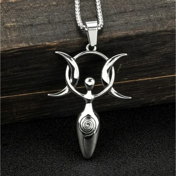 Triple Moon Goddess Necklace | Stainless Steel Shined Wiccan - A Gothic Universe - Jewelry