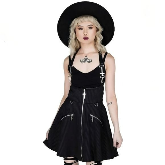 Dark Flair Skirt | Pinstripe Design Suspender Details Zip Front - Killstar - Skirt