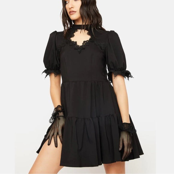 Angel Wing Doll Mini Dress | Black Cutout Chest Angel Wing Applique - Dark In Love - Dresses