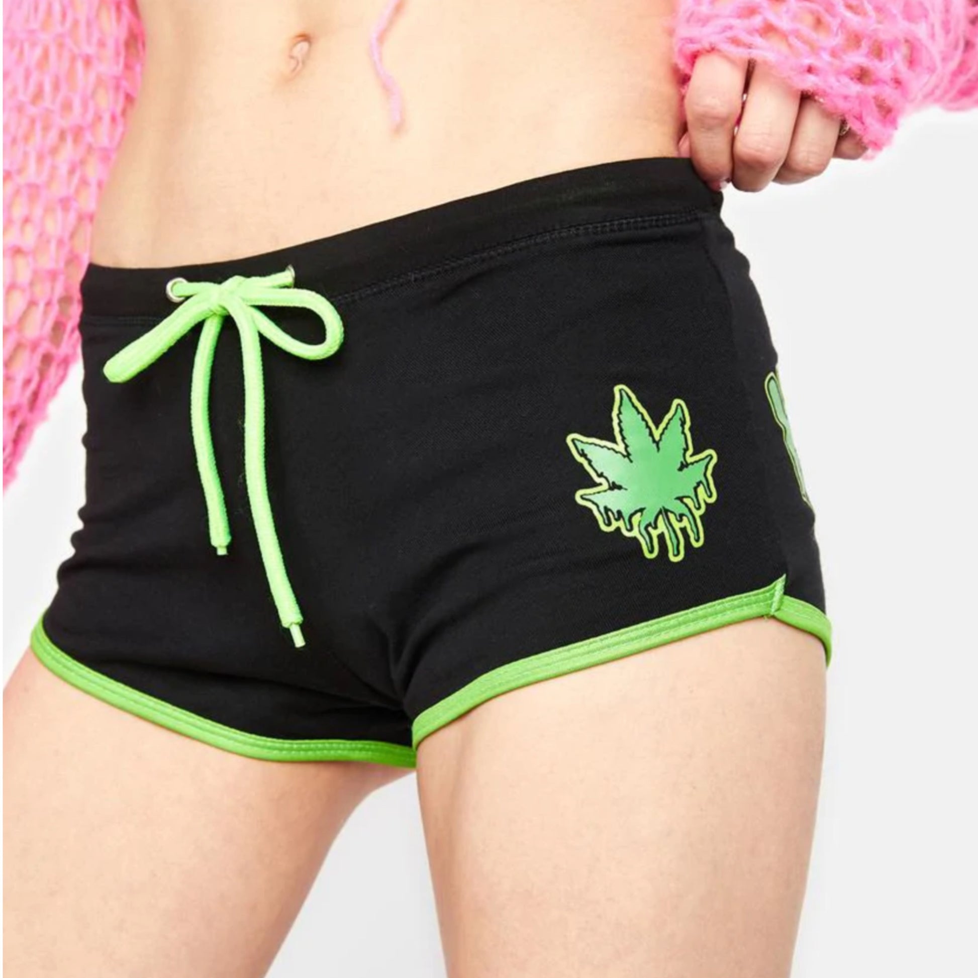 Black Short Shorts | Pot Leaf & Hemp Whore Green Graphics - Too Fast - Shorts