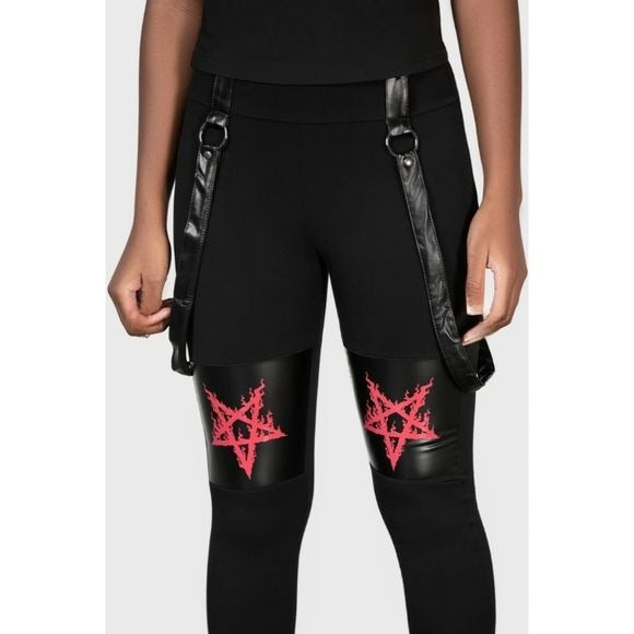 Bloodpact Leggings | Black Suspenders Red Pentagram Soft Cotton - Killstar - Leggings