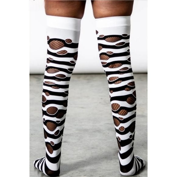 Wretched Soul Distressed Long Thigh High Socks | Black & White - Killstar - Thigh Highs