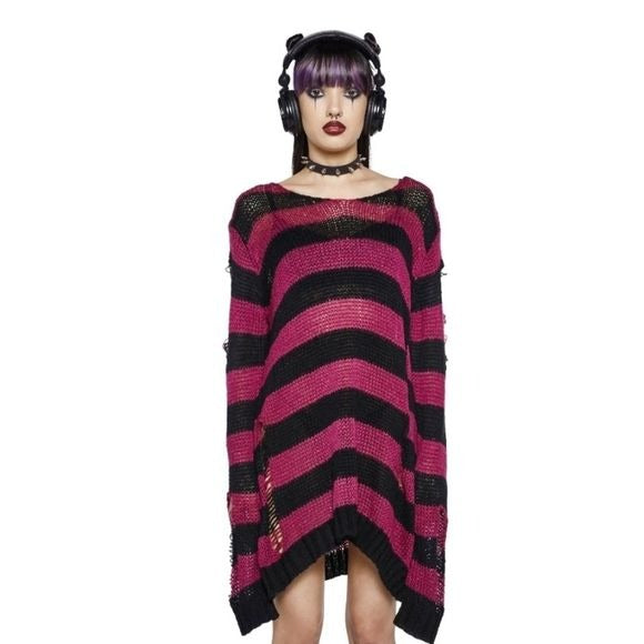 Mika Knit Sweater | Black / Rasberry Stripes Unisex Distressed Long - Killstar - Sweaters