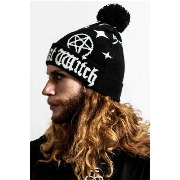 100% That Witch Beanie | Black & White Cotton Bobble Top Unisex - Killstar - Beanies