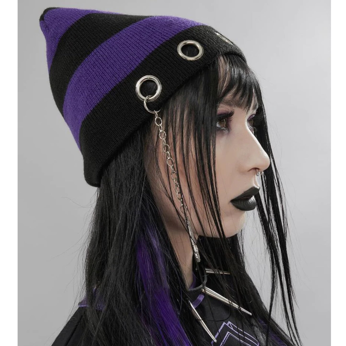 Punk Striped Beanie | Black Purple Silver Eyelets With Chain Strap - Widow - Beanies