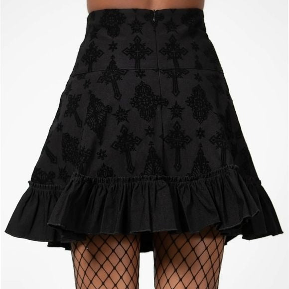 Amelie Flocked Mini Skirt | Black Ruffled Hidden Zipper - Killstar - Skirt