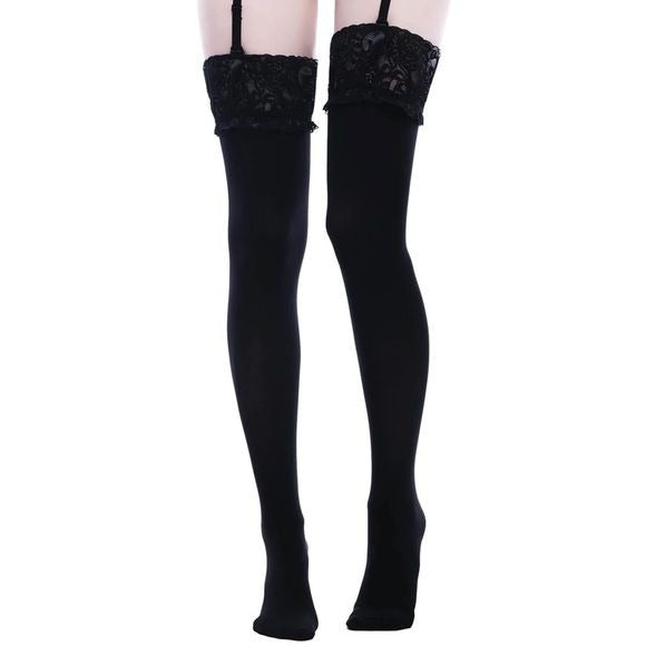 Stop Staring Thigh High Socks | Black Lace Top Stockings - Killstar - Stockings