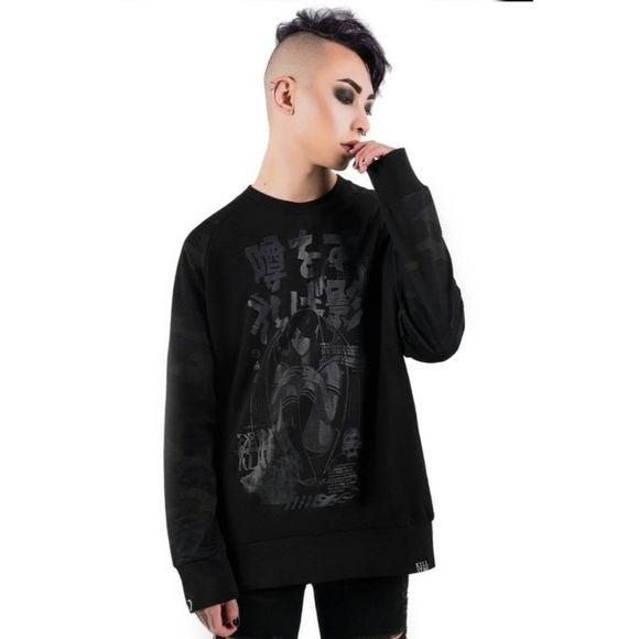 Romour Camo Sweatshirt | Black Soft Cotton Camo Sleeves - Killstar - Sweaters