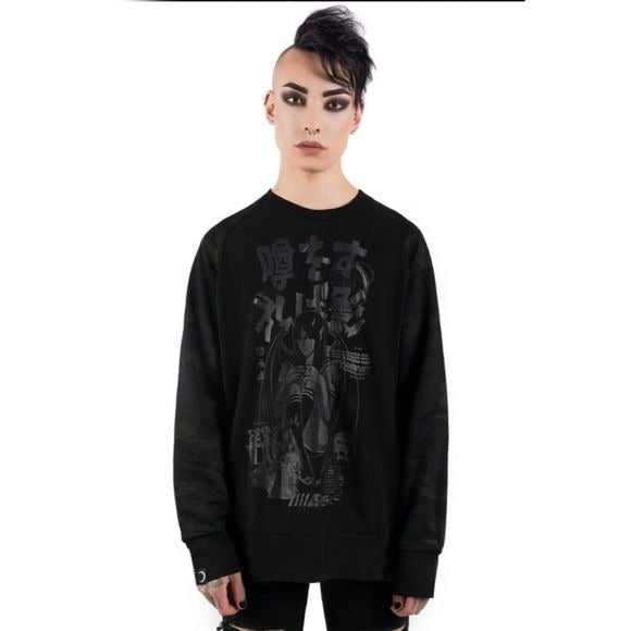 Romour Camo Sweatshirt | Black Soft Cotton Camo Sleeves - Killstar - Sweaters