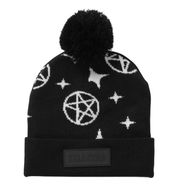 100% That Witch Beanie | Black & White Cotton Bobble Top Unisex - Killstar - Beanies