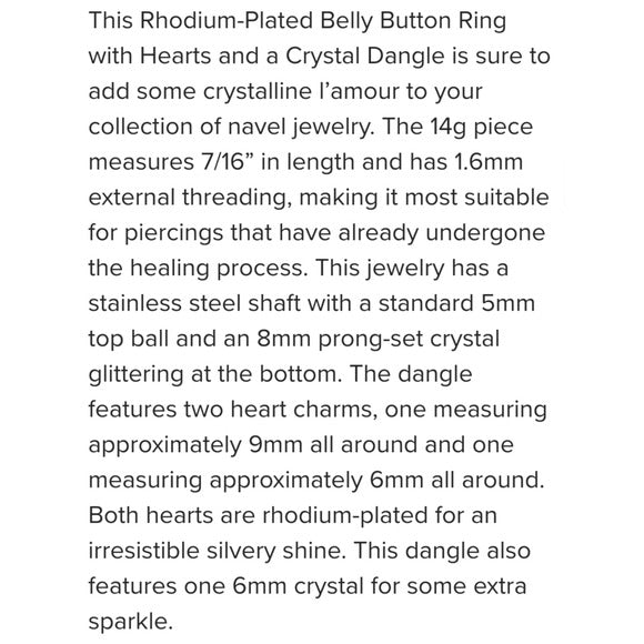 Crystal Dangle | Rhodium Layover Hearts Belly Button Ring - Painful Pleasures - Navel Rings