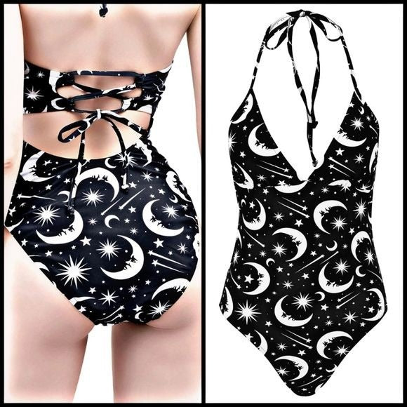 Halter One-piece Swim Suit | Under The Moon & Stars | Lace-Up Suit - Killstar - Swimwear