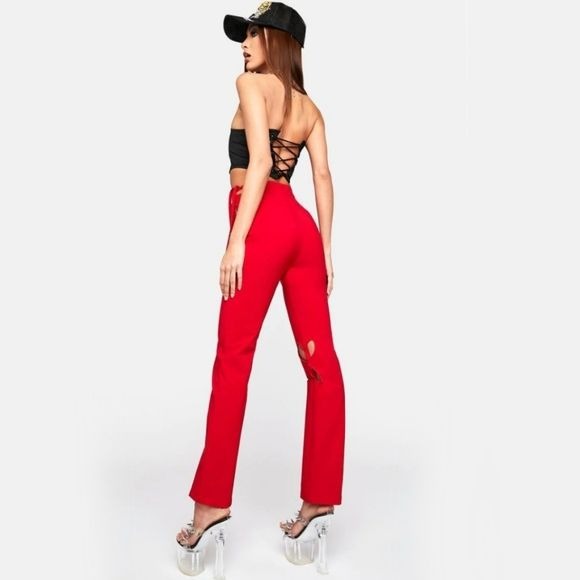 Holey Pray Cut Out Pants | Red Semi Flared Fit High Waisted Side Zip - Zemeta - Pants