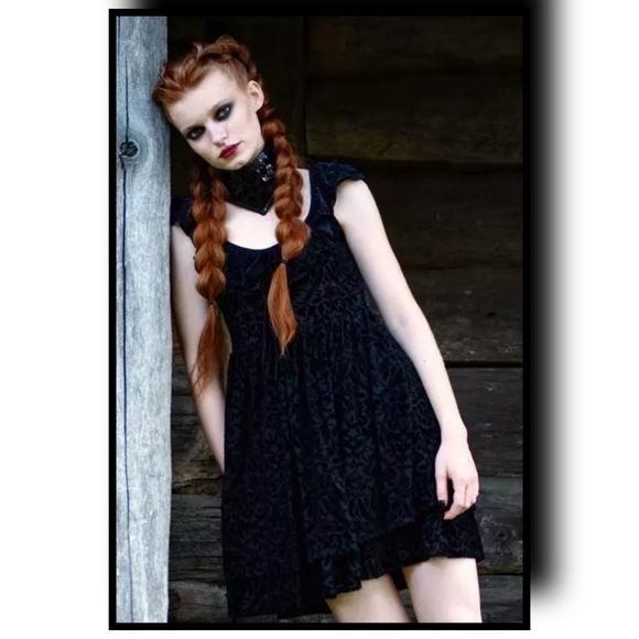 Damask Pattern Dress | Velvet Susanna Mini Black Ruffle Collar Dress - Killstar - Dresses