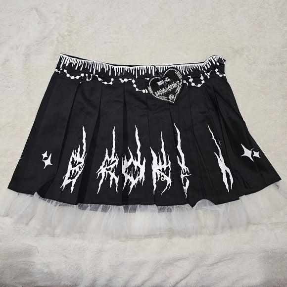 Damaged Damsel Pleated Skirt | Black & White High Waist Pleated L - Broken Brainz - Mini Skirts